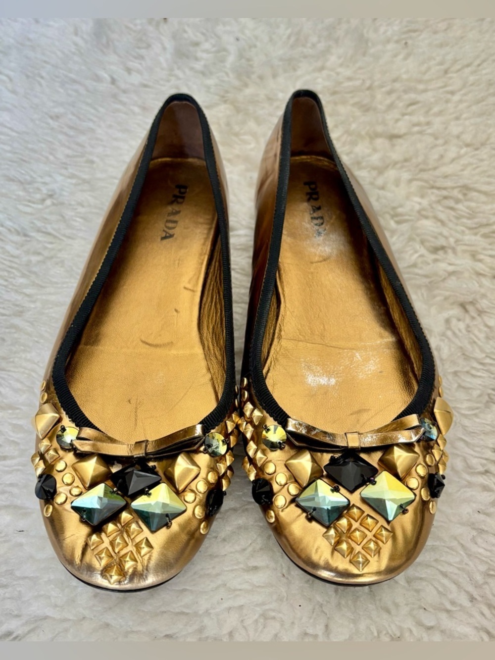 Prada Gold Metallic Embellished Jeweled Ballet Flats size EU 38.5  US 8